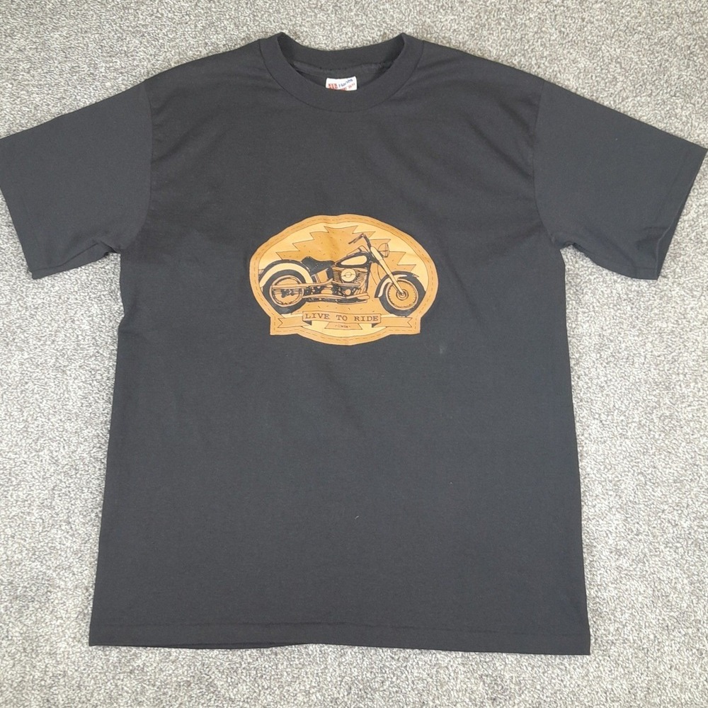 Vintage Hanes T-Shirt Mens Large Black Live To Ride Biker Graphic Single Stitch